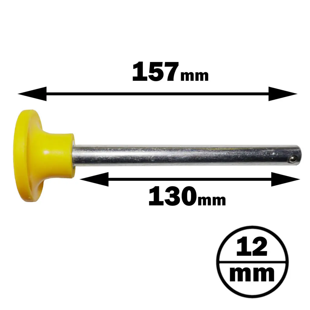 The image displays the Locking Pin 130mm D12mm horizontally, featuring a yellow plastic handle. The rod is 157mm in total length with a metal part of 130mm and a diameter of 12mm. Arrows indicate dimensions.