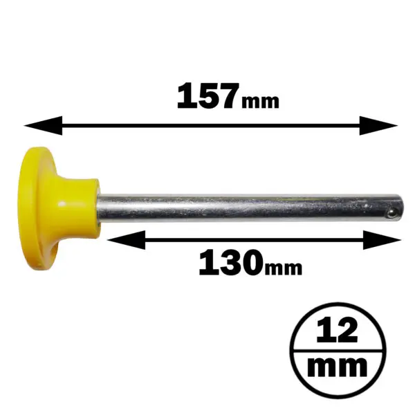 The image displays the Locking Pin 130mm D12mm horizontally, featuring a yellow plastic handle. The rod is 157mm in total length with a metal part of 130mm and a diameter of 12mm. Arrows indicate dimensions.