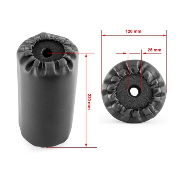 The image shows a black cylindrical foam cover with dimensions of 190 mm height and 110 mm diameter, featuring a central hole. It appears to have a drawstring or elastic edge around the opening. Associated product: Upholstery Foam Roller 110mm x 190mm.