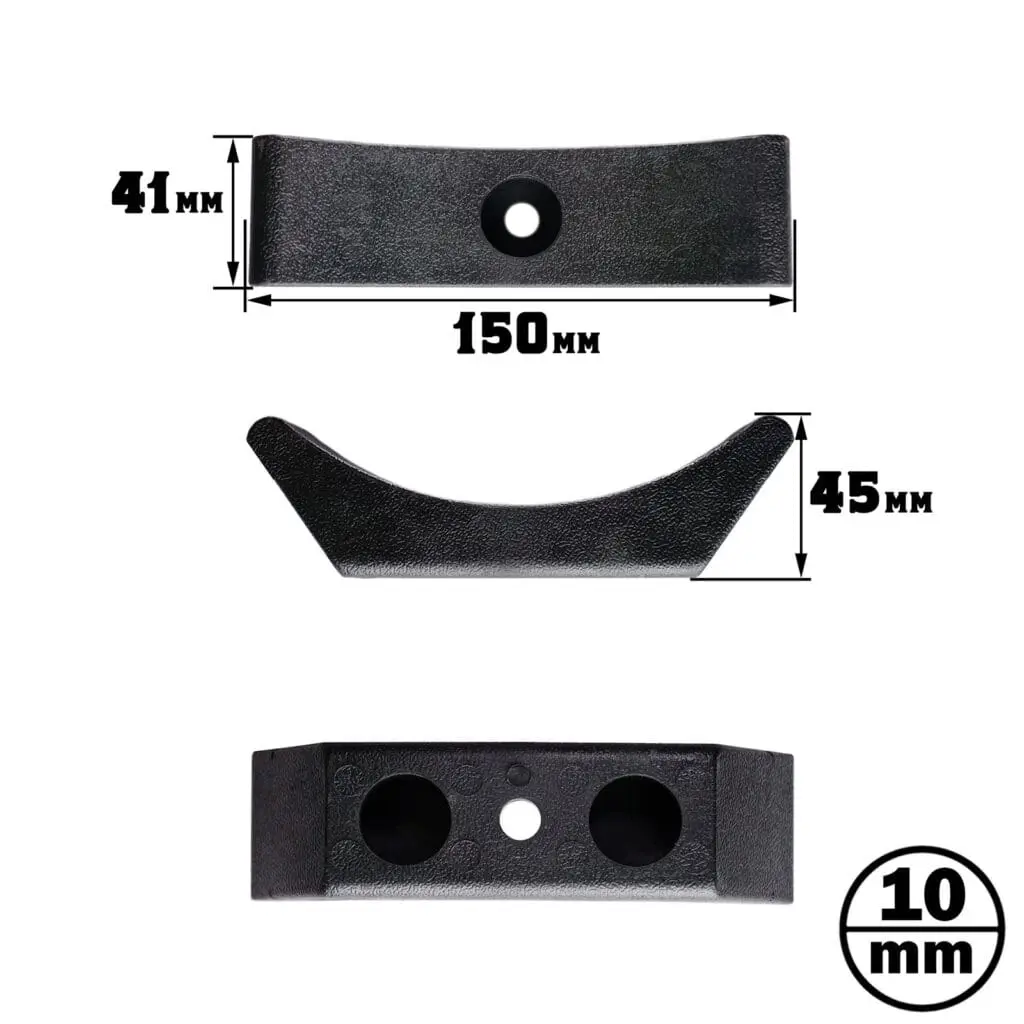Image of Cable Pulley 90mm featuring a black metal bracket: top view is 150mm long and 41mm wide with a central hole; side view is 45mm tall with a curved shape; bottom view shows a rectangular design with two large holes. Circular inset shows thickness as 10mm.