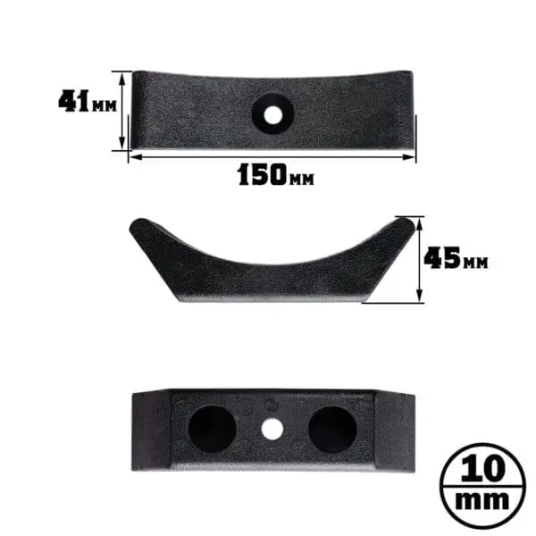 Image of Cable Pulley 90mm featuring a black metal bracket: top view is 150mm long and 41mm wide with a central hole; side view is 45mm tall with a curved shape; bottom view shows a rectangular design with two large holes. Circular inset shows thickness as 10mm.