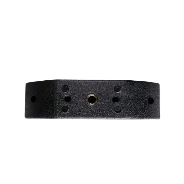 Close-up of a matte textured black Dumbbell Saddle (160 mm x 42 mm) with several holes and a central circular opening on a plain white background.