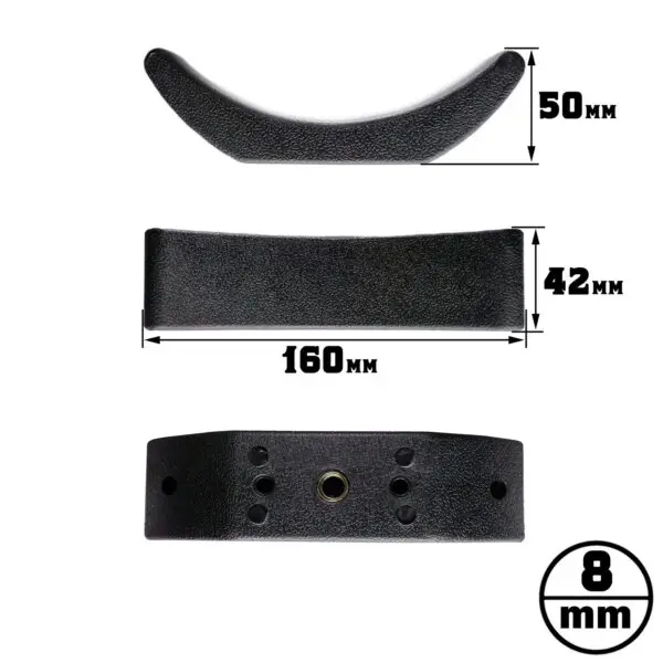 Three black, textured, curved dumbbell saddle pieces are shown with dimensions: the top has a 50 mm curve; the middle measures 160 mm x 42 mm; the bottom includes an 8 mm circular section with multiple small holes.