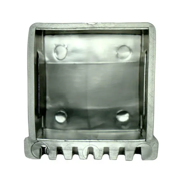 Close-up of a metallic-looking Rubber Foot 60mmx60mm with a smooth, reflective finish, featuring four circular indentations inside and a notched open bottom edge, resembling an industrial component.