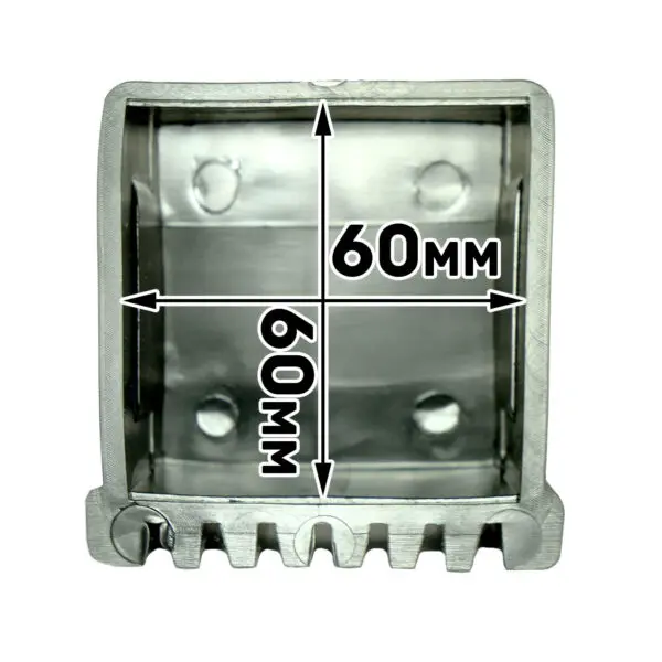 Close-up of a Rubber Foot 60mmx60mm, featuring metallic grooves along the bottom edge and a reflective brushed finish.