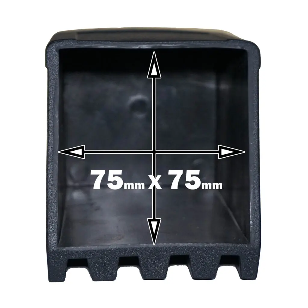 A black Rubber Foot 75mmx75mm has white arrows indicating internal measurements, a textured finish, and three evenly spaced notches on the bottom edge.