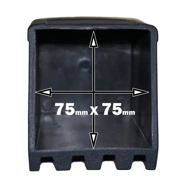 A black Rubber Foot 75mmx75mm has white arrows indicating internal measurements, a textured finish, and three evenly spaced notches on the bottom edge.