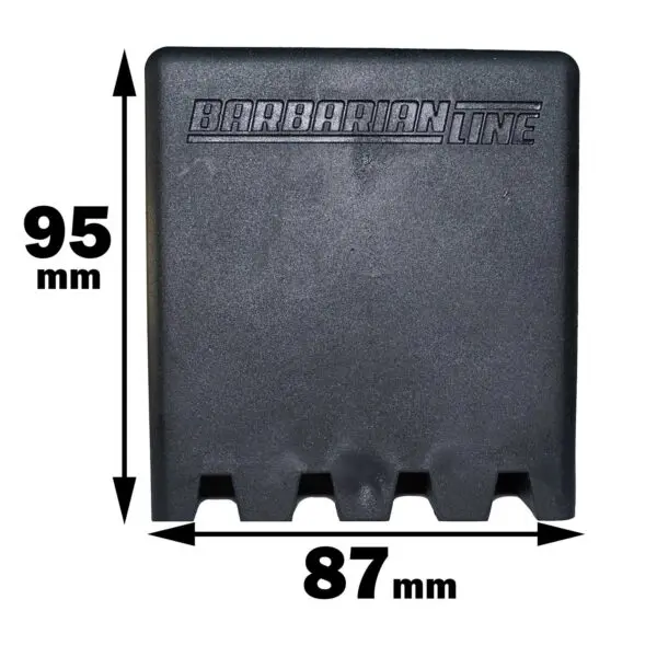 Rubber Foot 75mmx75mm, black with a textured surface, notched base, and Barbarian Line label. Dimensions: 95 mm height and 87 mm width.