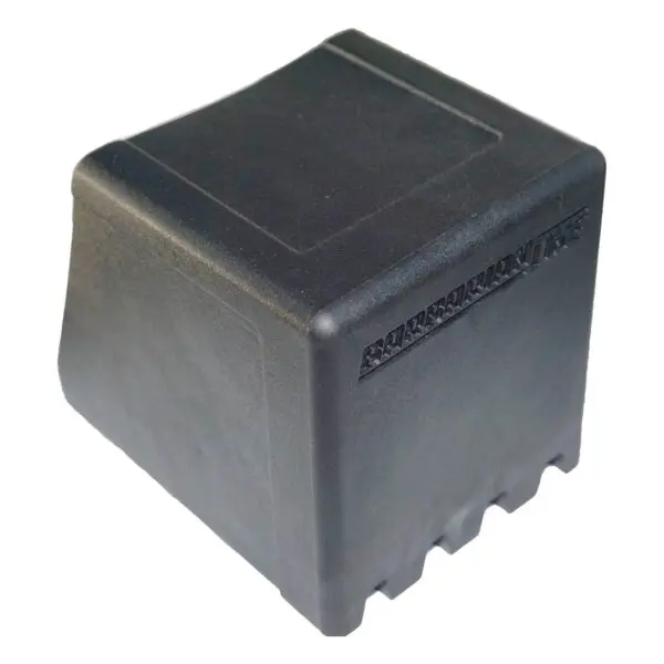 The Rubber Foot 75mmx75mm is a black plastic electronic enclosure, square-shaped with a smooth surface and slightly textured sides with embedded text, perfect for housing small electronic components.