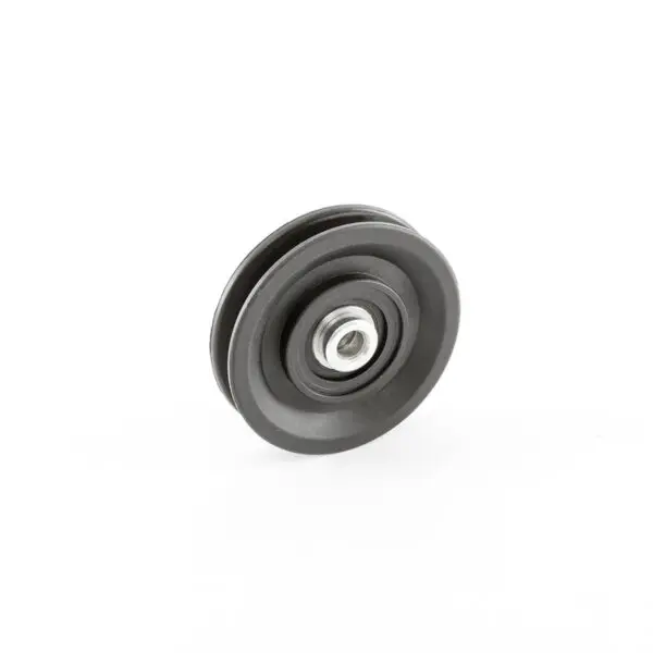 The Cable Pulley 90mm, featuring a central bearing, is displayed on a white background. This circular metal pulley has a smooth, dark finish.