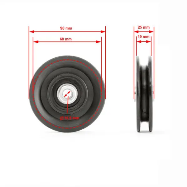 The image shows a Cable Pulley 90mm in black with visible metal bearings. The front and side views feature red measurement lines: 90mm diameter, 68mm inner diameter, 10.5mm center hole, 25mm thickness, and 19mm central width.