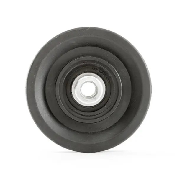 A close-up view of a single Cable Pulley 90mm features a black rubber wheel with a metal center, positioned upright to showcase its circular shape and texture against a plain white background.