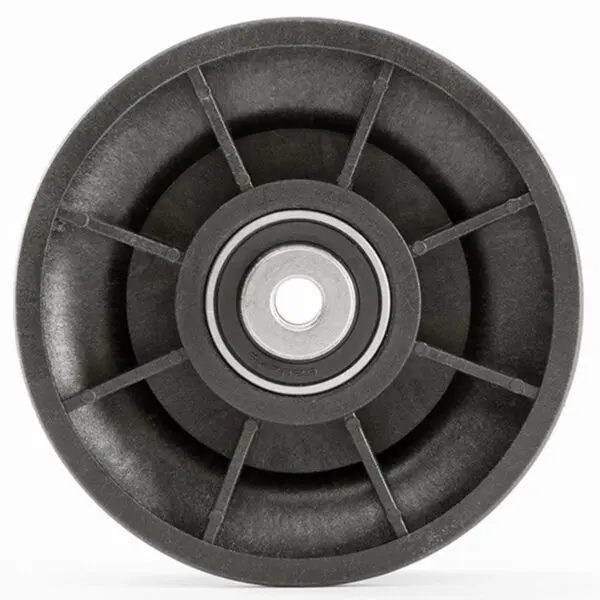 A black ATX® Pull-Up Add-On wheel for rigs and racks, featuring a plastic body with a central metal bearing and radial spoke design, is showcased head-on against a plain white background.