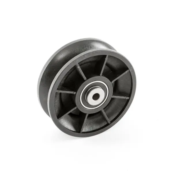 A black plastic wheel with a central metallic bearing in a spoke-like design, likely part of the ATX® Pull-Up Add-On for Rigs and Racks, set against a plain white background.