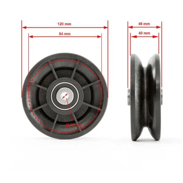 The ATX® Pull-Up Add-On for Rigs and Racks is depicted from the front and side, measuring 120 mm in diameter and 49 mm in width, featuring an internal diameter of 84 mm and groove width of 40 mm.