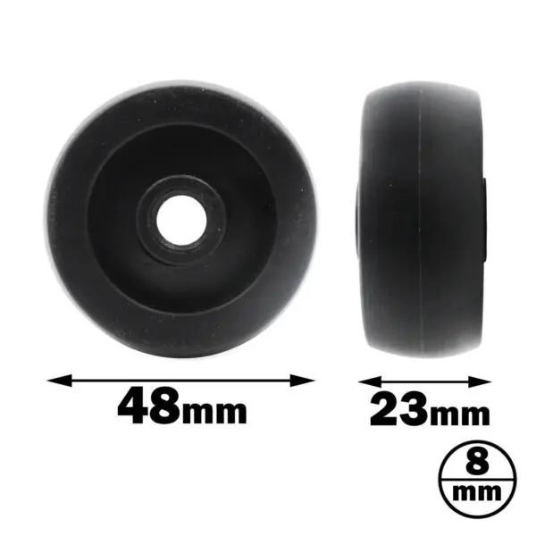 The 48mm Bench Wheel is shown in two angles: front and side. The front view reveals a hollow center, while the side view displays its thickness. Measurements of 48mm, 23mm, and an additional label of 8mm are included with arrows indicating dimensions.