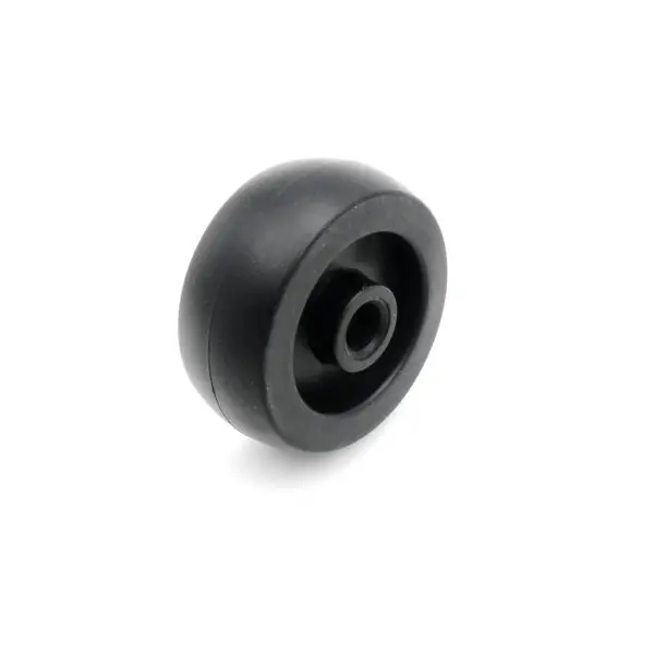 The 48mm Bench Wheel, featuring a smooth black rubber surface and central hub, is displayed against a plain white background, making it ideal for small trolleys or carts.