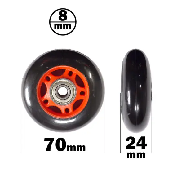 Illustration of the 70mm Bench Wheel: black with an orange hub. Labels indicate a 70mm diameter, 24mm width, and an 8mm axle hole. Includes front and side views.