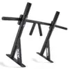 The ATX® Chin Up Bar Wall Mounted is a black pull-up bar featuring multiple grip options and sturdy construction for strength training, with two vertical mounting plates for enhanced stability.
