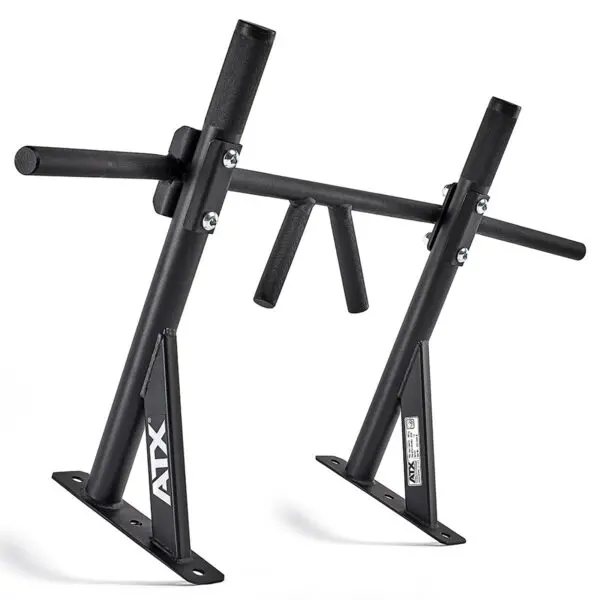 The ATX® Chin Up Bar Wall Mounted is a black pull-up bar featuring multiple grip options and sturdy construction for strength training, with two vertical mounting plates for enhanced stability.