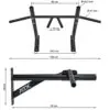 Image of the ATX® Chin Up Bar Wall Mounted in black, showcasing dimensions: top view with 48 cm width, 15 cm grip spacing, and a handle diameter of 42.5 mm; side view with height of 25 cm, length of 56 cm, rod diameter of 27 mm; featuring ATX logo on side arm.