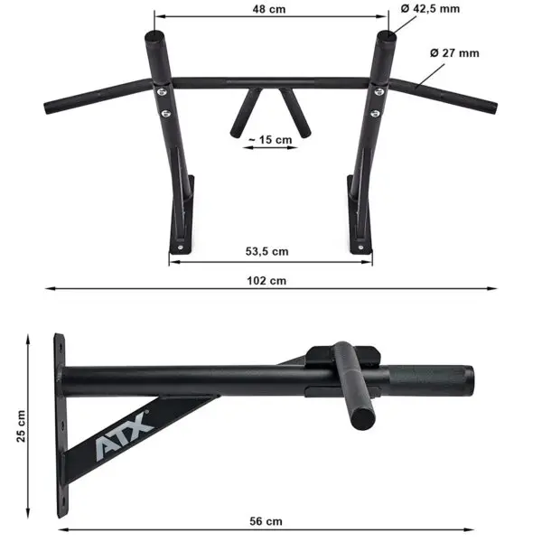 Image of the ATX® Chin Up Bar Wall Mounted in black, showcasing dimensions: top view with 48 cm width, 15 cm grip spacing, and a handle diameter of 42.5 mm; side view with height of 25 cm, length of 56 cm, rod diameter of 27 mm; featuring ATX logo on side arm.