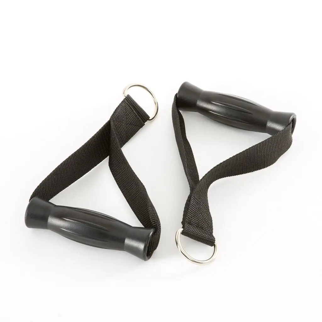 Two black resistance band handles with metal rings sit on a white background. Their ridged grips are connected by strong fabric loops, perfect for enhancing your single cable machine workout.