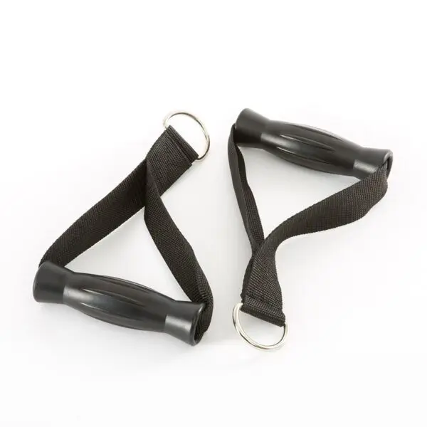 Two black resistance band handles with metal rings sit on a white background. Their ridged grips are connected by strong fabric loops, perfect for enhancing your single cable machine workout.