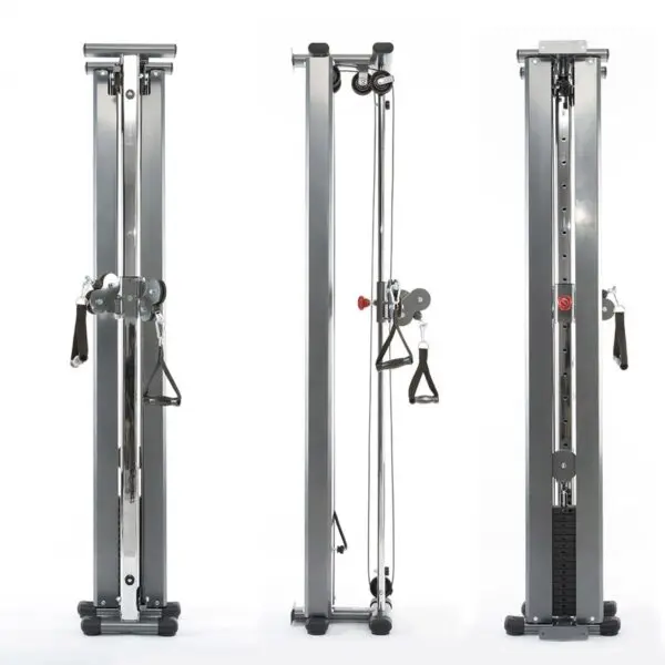 Three perspectives of a cable trainer used for strength training. The equipment is shown from the front, side, and rear angles, featuring pulleys, adjustable weights, and handles for various exercises. This metallic single cable machine boasts sleek black accents.