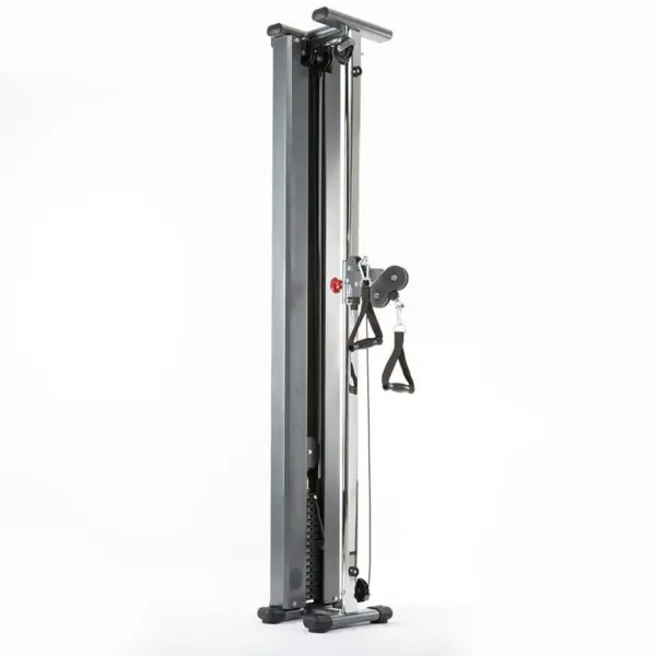 A vertical cable exercise machine with adjustable handles, designed for strength training. This sleek metallic cable trainer is wall-mounted and set against a plain white background, perfect for any modern workout space.