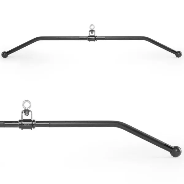 The ATX® Lat Bar Blackline is a stylish black V-shaped metal lat pulldown bar with rubber ball handles on each end and a central rotating attachment for easy connection to gym equipment, showcased in full view and close-up.