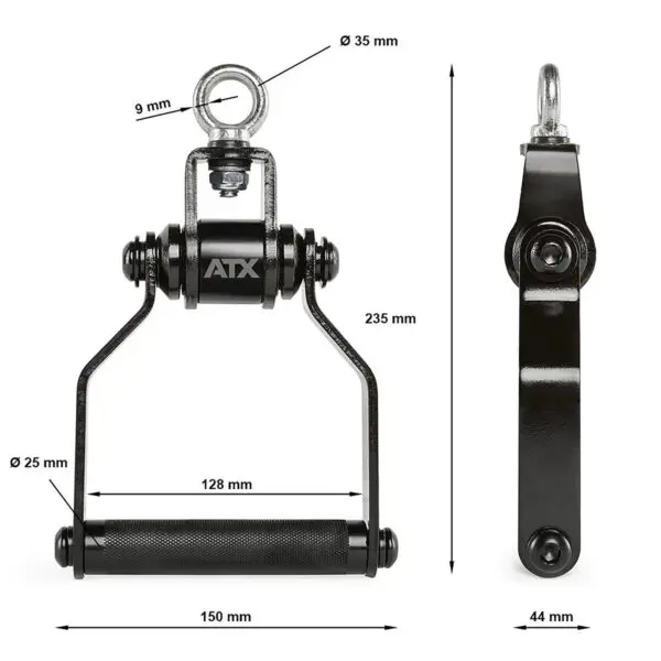 The ATX® Stirrup Handle Blackline is displayed from front and side views, featuring a rotating handle with grip attachment. It measures 235mm in height and 150mm in width, with labeled parts including a 128mm handle and diameters of 9mm, 35mm, and 25mm.