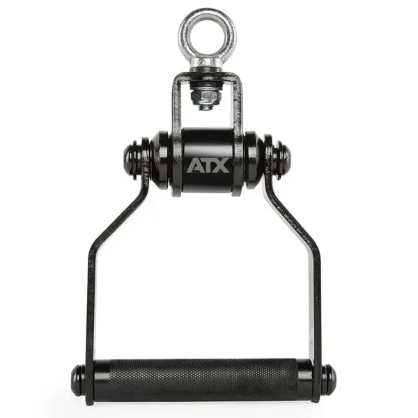 The ATX® Stirrup Handle Blackline is a black exercise handle with a steel eyelet and knurled grip for secure weightlifting or cable machine use. It features an attached roller, ideal for dynamic movement exercises.
