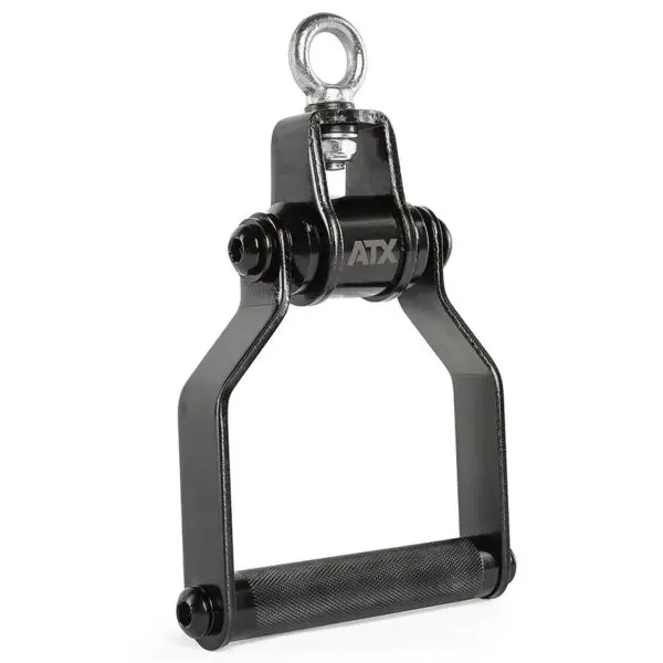 The ATX® Stirrup Handle Blackline is a black gym equipment attachment featuring a gripped cylindrical handle and metal eyelet. Its sturdy metal construction makes it ideal for various upper body exercises.