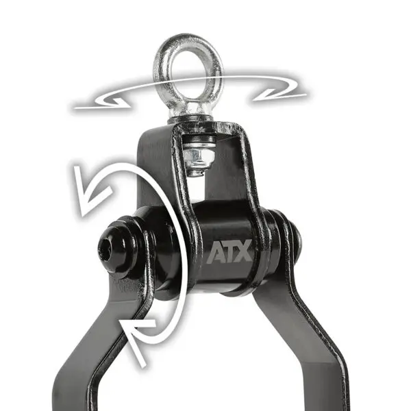 Close-up of the ATX® Stirrup Handle Blackline with swivel mechanism. The eye bolt at the top is shown with arrows for rotational movement, highlighting its design for fitness equipment, flexibility, and ease of use.