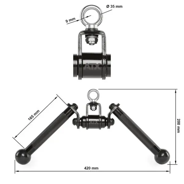 Image of the ATX® V Bar Rotational Blackline, a black metal gym attachment with two angled handles and a central rotating joint. Dimensions include a 35mm top screw, 9mm pin, 420mm width, 165mm handle length, and 200mm between top and bottom handles.
