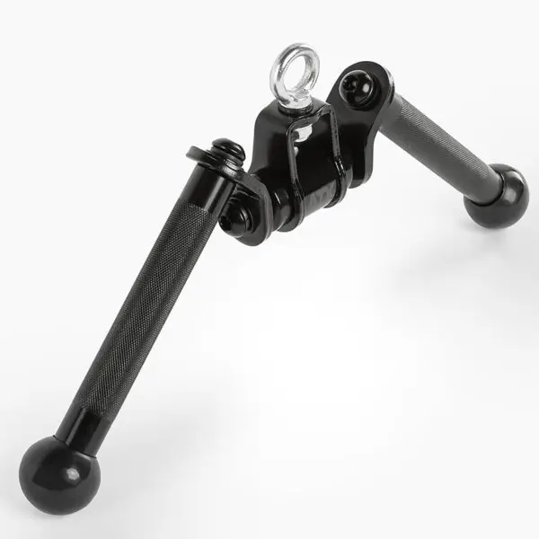 The ATX® V Bar Rotational Blackline features a close-up of a black metal cable attachment with two textured handles, an eyelet for connection, and rounded caps on each end. It is ideal for exercises like tricep pushdowns.