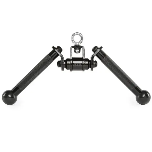 The ATX® V Bar Rotational Blackline is a black dual exercise handle attachment featuring textured grips and a central metal ring, ideal for use with gym equipment like cable machines.