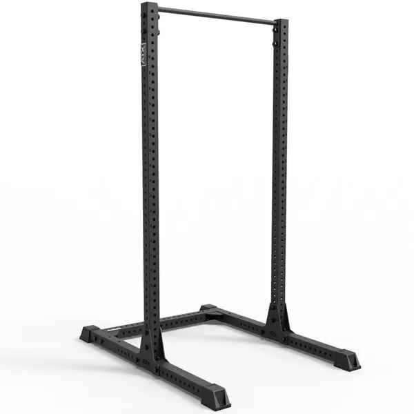 The ATX® Half Rack 810 is a black freestanding pull-up bar featuring a sturdy rectangular base and adjustable height notches. Set against a white background, this design is simple yet functional, ideal for home or gym workouts.