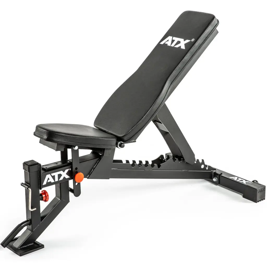 Adjustable black Commercial FID Bench with padded seat and backrest, featuring the ATX logo. The sturdy metal frame and adjustment levers allow you to set various angles for different exercises.