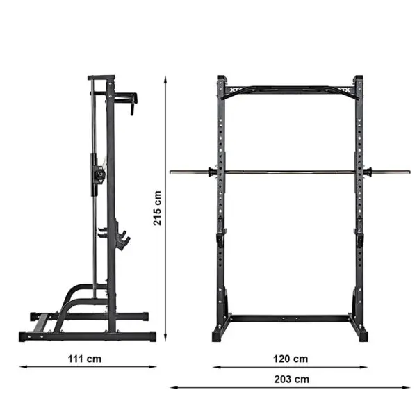 The ATX® Smith Machine Half Rack is a black metal unit with dimensions of 215 cm height, 120 cm width, and 203 cm front depth; side view depth is 111 cm. It features barbell holders at the top and bottom supports.