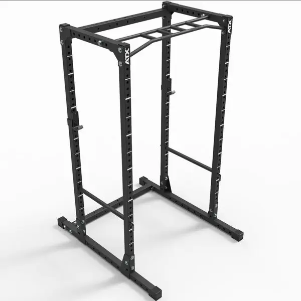 The ATX® Power Rack 620 215cm is a black metal rack with multiple holes for adjustable heights, featuring a pull-up bar at the top and a sturdy base for stability, set against a plain white background.