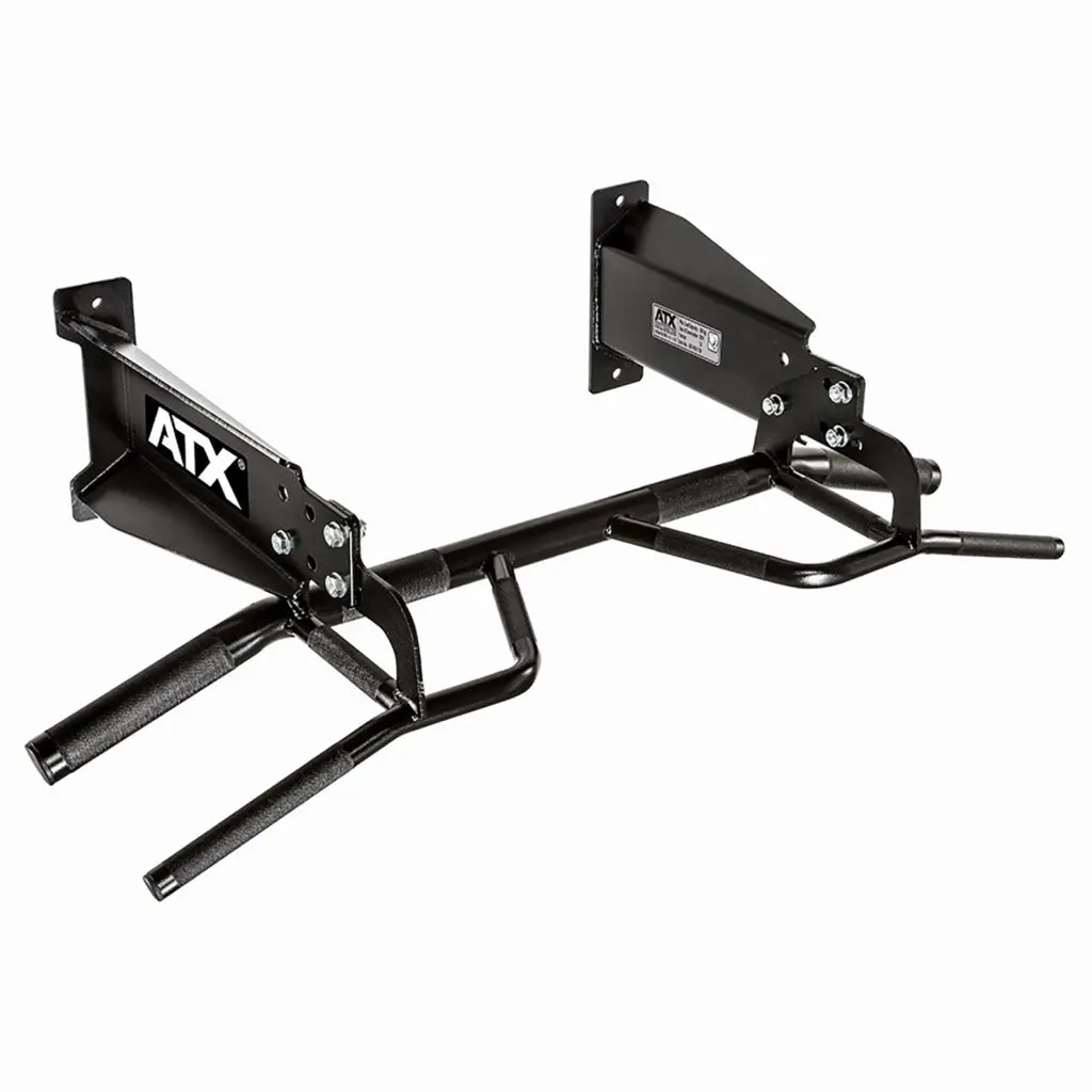 Black wall-mounted pull-up bar with multiple grip positions and padded handles, featuring the ATX logo on the side brackets—perfect for any home gym and recommended in our Chin Up Buying Guide.
