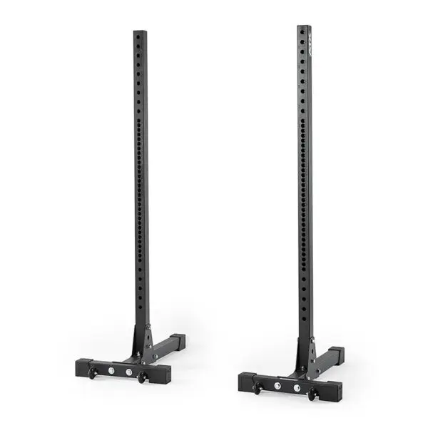 Two ATX® Squat Stands 650 SD in black metal are displayed side by side, featuring multiple adjustment holes and sturdy rectangular bases, designed for weightlifting exercises.