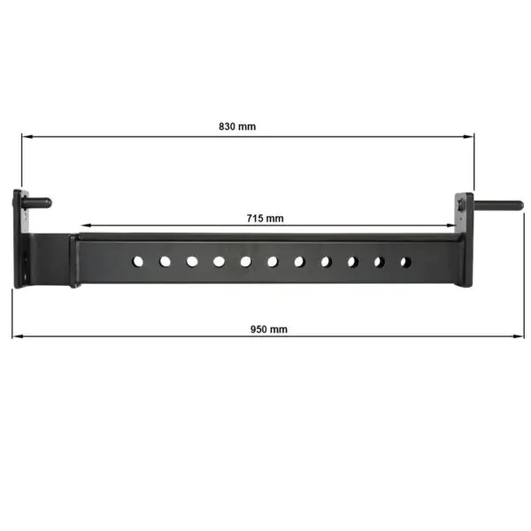 The black ATX® Spotter Bars 75cm are adjustable metal beams with holes, measuring 830 mm wide. They feature arrows showing a length of 715 mm and can extend to a maximum reach of 950 mm.