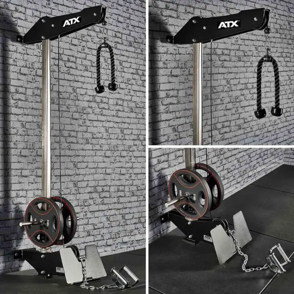 A brick wall forms the backdrop for gym equipment equipped with a cable pulley system, complete with handles and weight plates. The ATX® Wall Mounted Lat Pulldown is displayed with its robust metal frame, captured from multiple angles to showcase its versatile structure and attachments for a wide range of workouts.