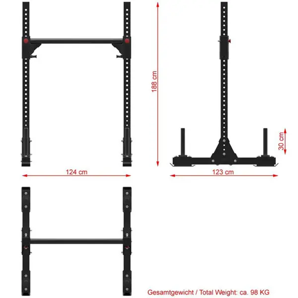 Diagram illustrating the dimensions of the ATX® Bulls Strongman Yoke: height 168 cm, width 124 cm, depth 123 cm, weight roughly 98 kg. Features adjustable holes and two base supports. Note: Product is discontinued.