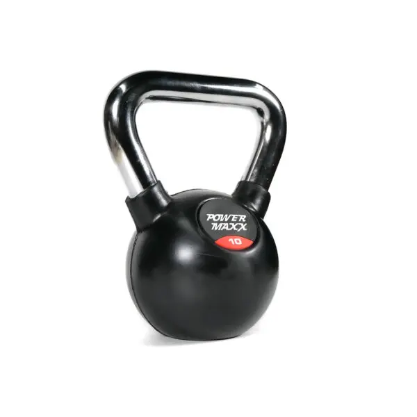 The Power Maxx 4kg kettlebell features a black body with a silver handle and displays Power Maxx 10 in red and white on the front, set against a white background.