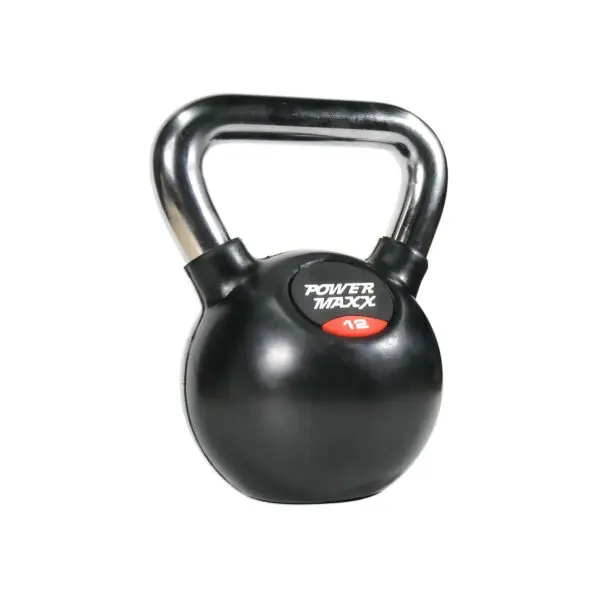 A black kettlebell with a shiny metallic handle displays the Power Maxx brand and the number 4 on its front, indicating its weight in kilograms.