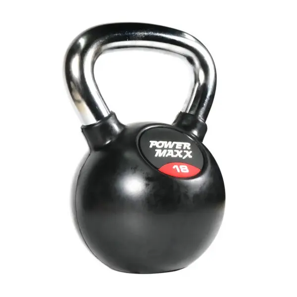A black kettlebell featuring a shiny silver handle, the POWER MAXX logo, and the weight 4kg prominently displayed on the front.